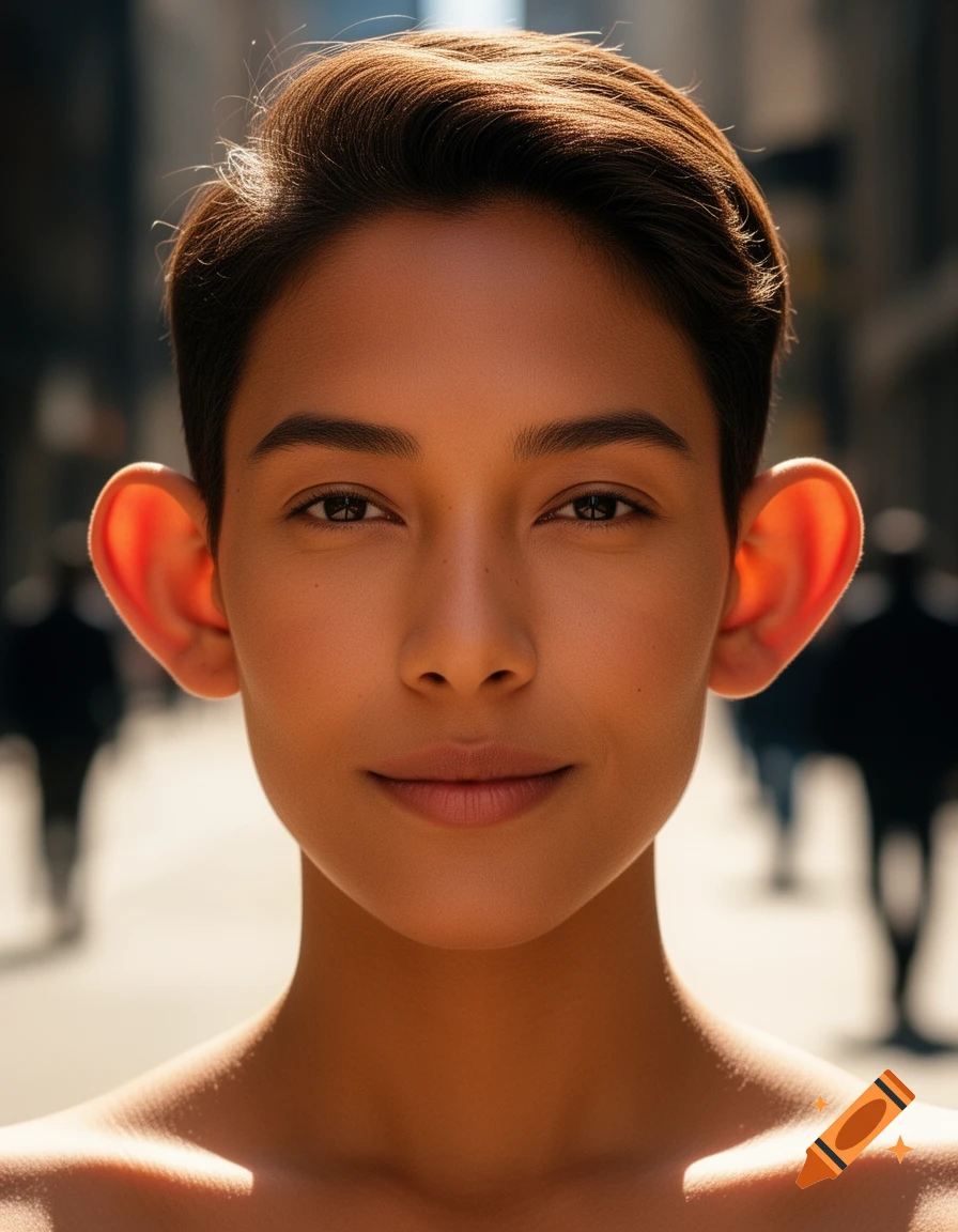 A photorealistic close-up portrait of a person with short brown hair and prominent large ears, looking directly at the viewer with a slight smile. The background is a blurry city street.