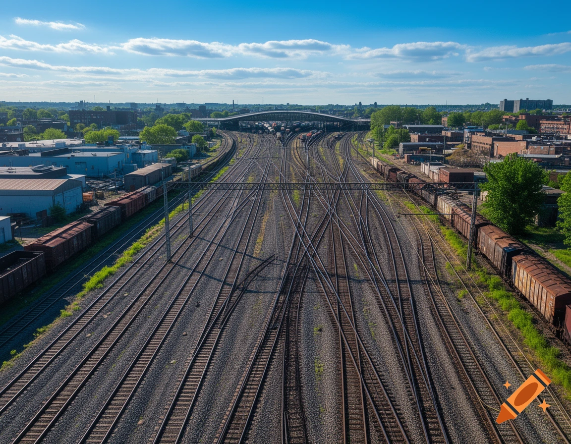 Aerial view of a vast railyard with numerous train tracks and parked freight trains, flanked by industrial buildings under a clear blue sky.
