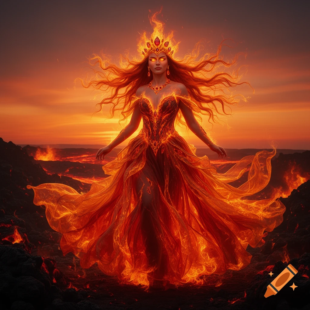 A majestic fire princess with a flaming crown and dress stands on a lava-filled volcanic landscape at sunset.