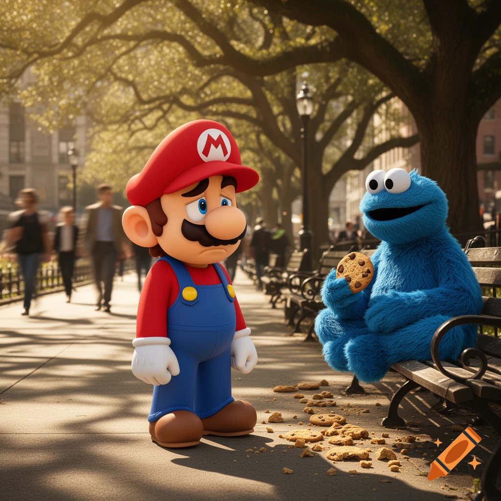 Sad Mario stands looking at Cookie Monster on a park bench, holding a cookie with crumbs on the ground, in a sunny photorealistic scene.