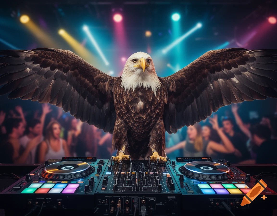 A majestic bald eagle with outstretched wings stands behind a DJ mixing console in a vibrant, colorful nightclub filled with dancing people.