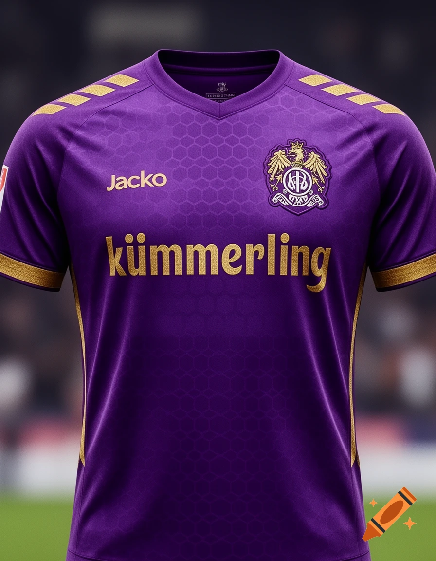 A close-up shot of a vibrant purple soccer jersey with gold accents on the sleeves and shoulders, featuring 'kümmerling' printed in gold across the chest and 'Jacko' above it. A detailed club emblem is on the right chest.