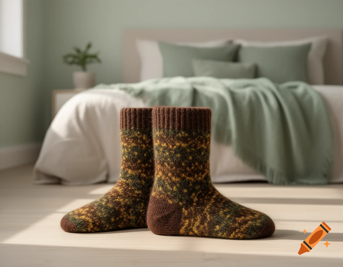 A pair of knitted brown and yellow patterned socks stands on a wooden floor in a softly lit bedroom.