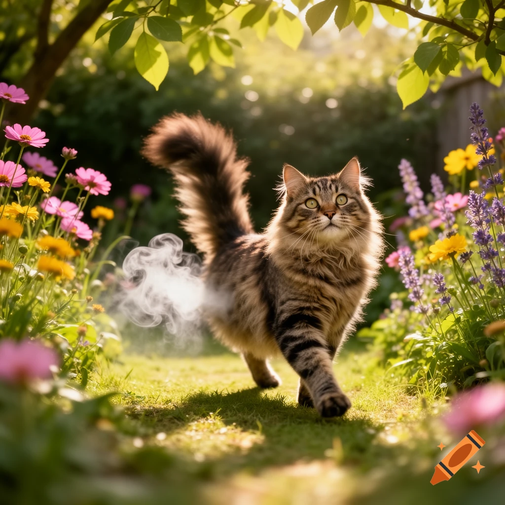 A fluffy tabby cat walks on a sunny garden path surrounded by colorful flowers, with a puff of smoke trailing from its rear.