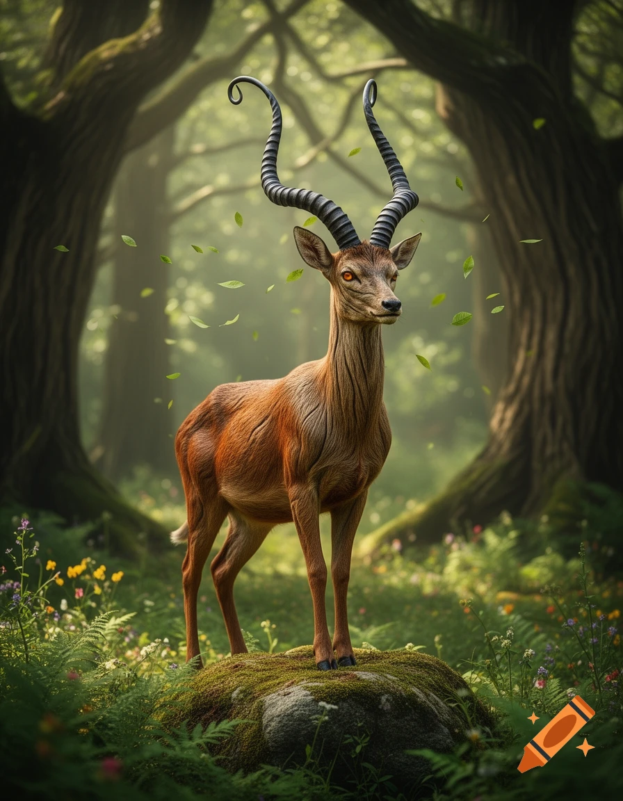A fantastical deer-like creature with long, spiraled horns and glowing ...