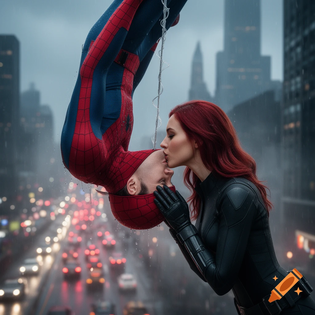 Unmasked Spider-Man hangs upside down, kissing Black Widow in the rain, with a blurred city street and buildings in the background.