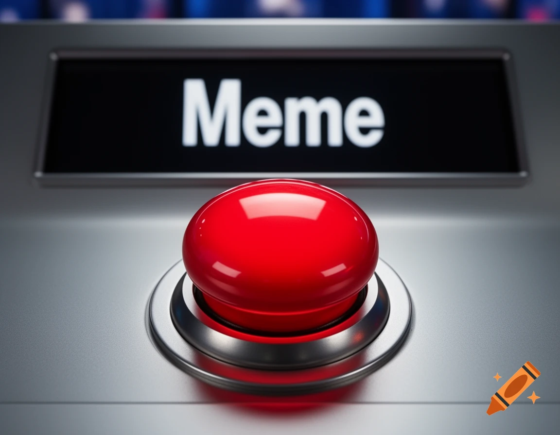 A close-up shot of a shiny red button on a metallic surface, with a black screen above it displaying the word 'Meme' in white text.