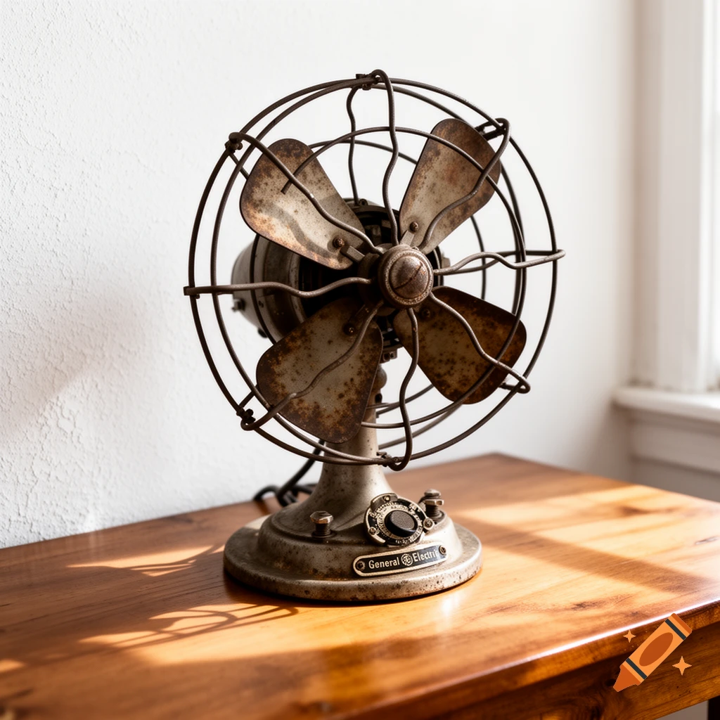 A photorealistic image of an old, rusty General Electric desk fan on a wooden table against a white wall.