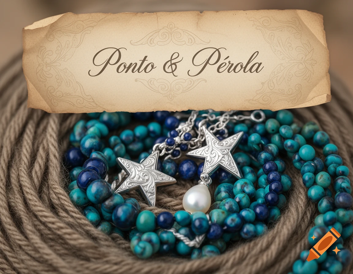 Silver star pendants and a white pearl nestled among blue and turquoise beads on coiled rope, with a scroll reading "Ponto & P A9rola".