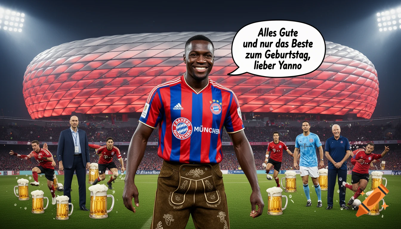 A smiling Black man in a red and blue FC Bayern Munich jersey and lederhosen stands on a football pitch with a speech bubble that reads "Happy birthday, dear Yanno". The Allianz Arena, several beer mugs, and smaller football players are in the background.