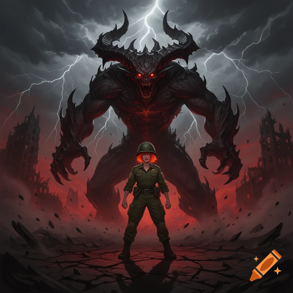A red-haired female soldier faces a giant, horned demon in a dark, stormy, apocalyptic city with lightning.