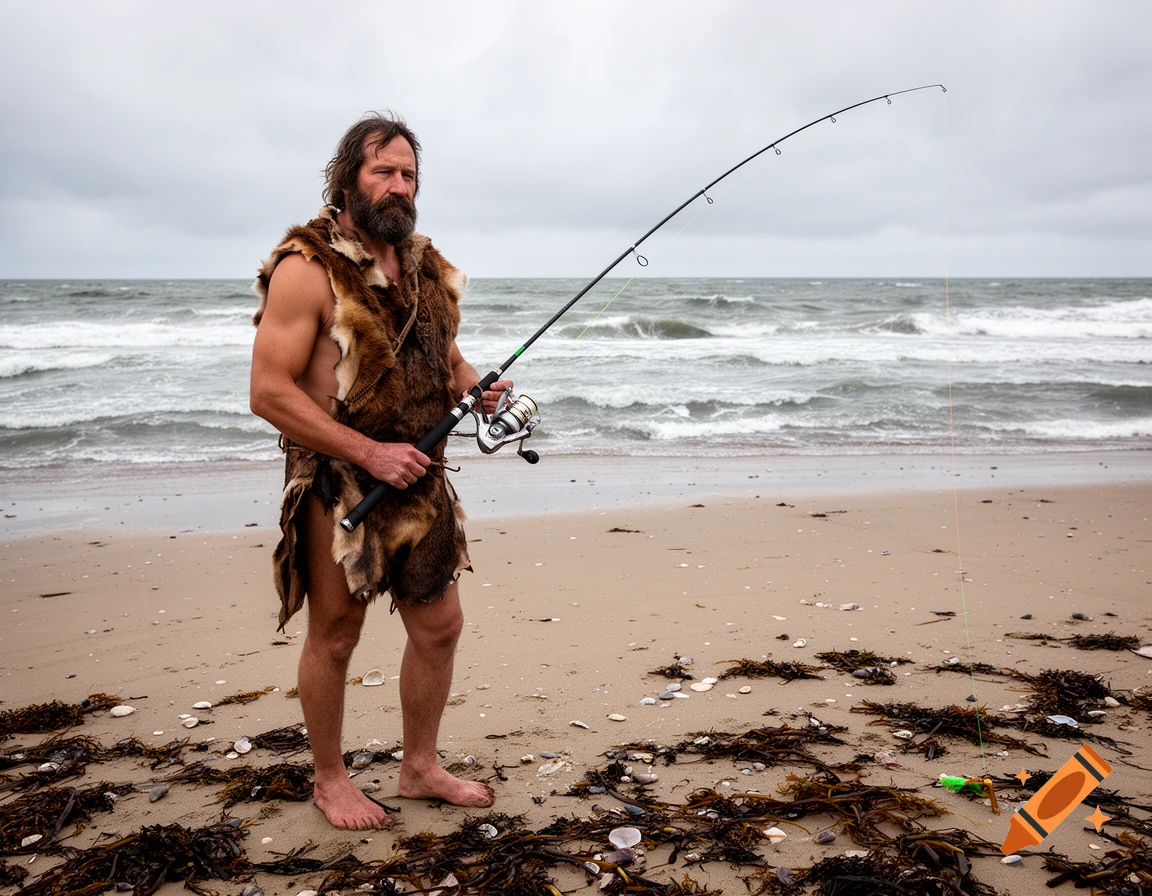A bearded man in furs stands on a sandy beach holding a modern fishing rod, with a cloudy sky and wavy sea in the background.
