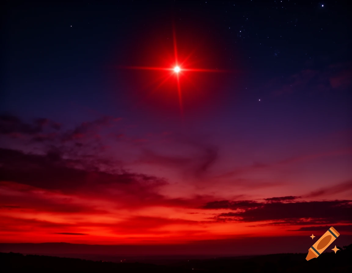 A brilliant red star shines in a dramatic sky, transitioning from dark purple-blue to fiery red over a silhouetted horizon.