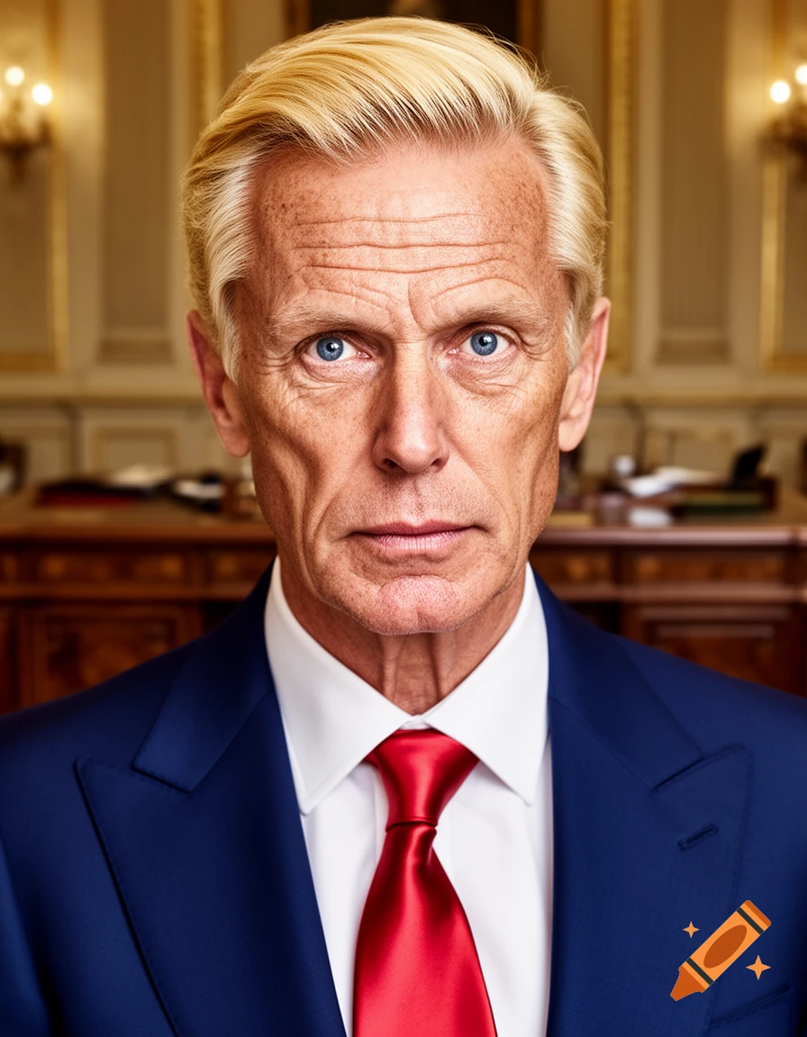Photorealistic portrait of a serious man with blonde hair and blue eyes wearing a blue suit and red tie.