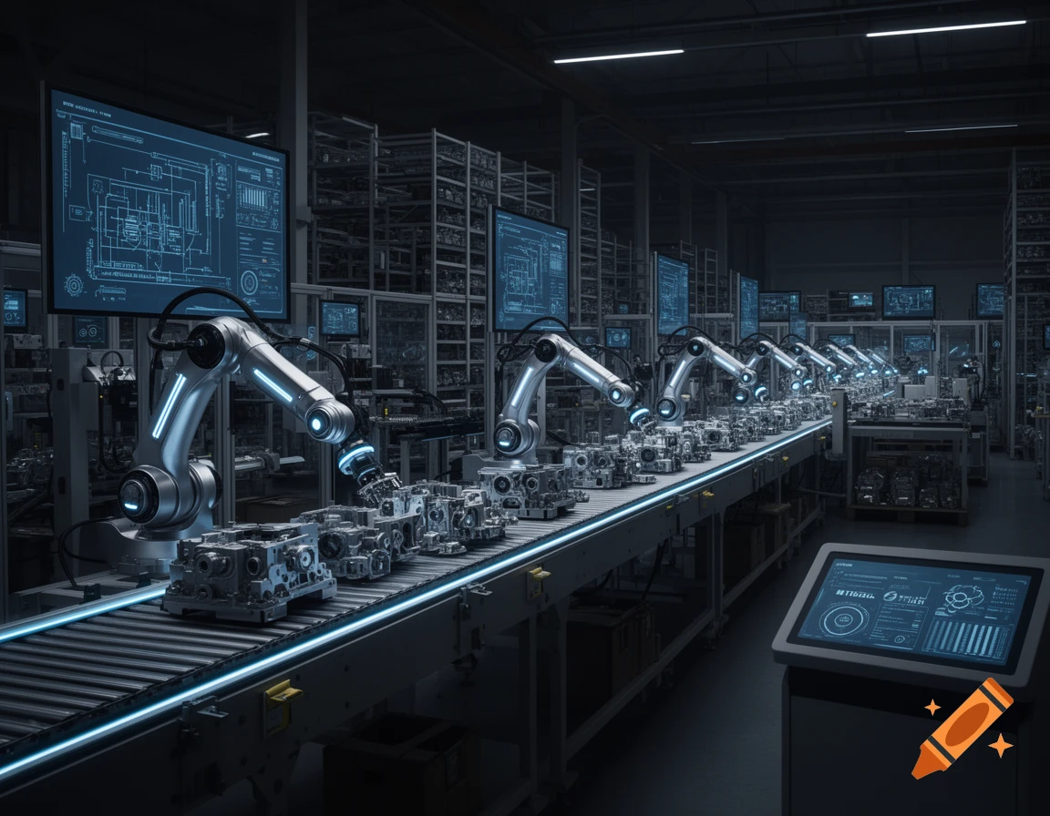 Robotic arms work on a glowing conveyor belt assembling parts in a dark, high-tech automated factory.