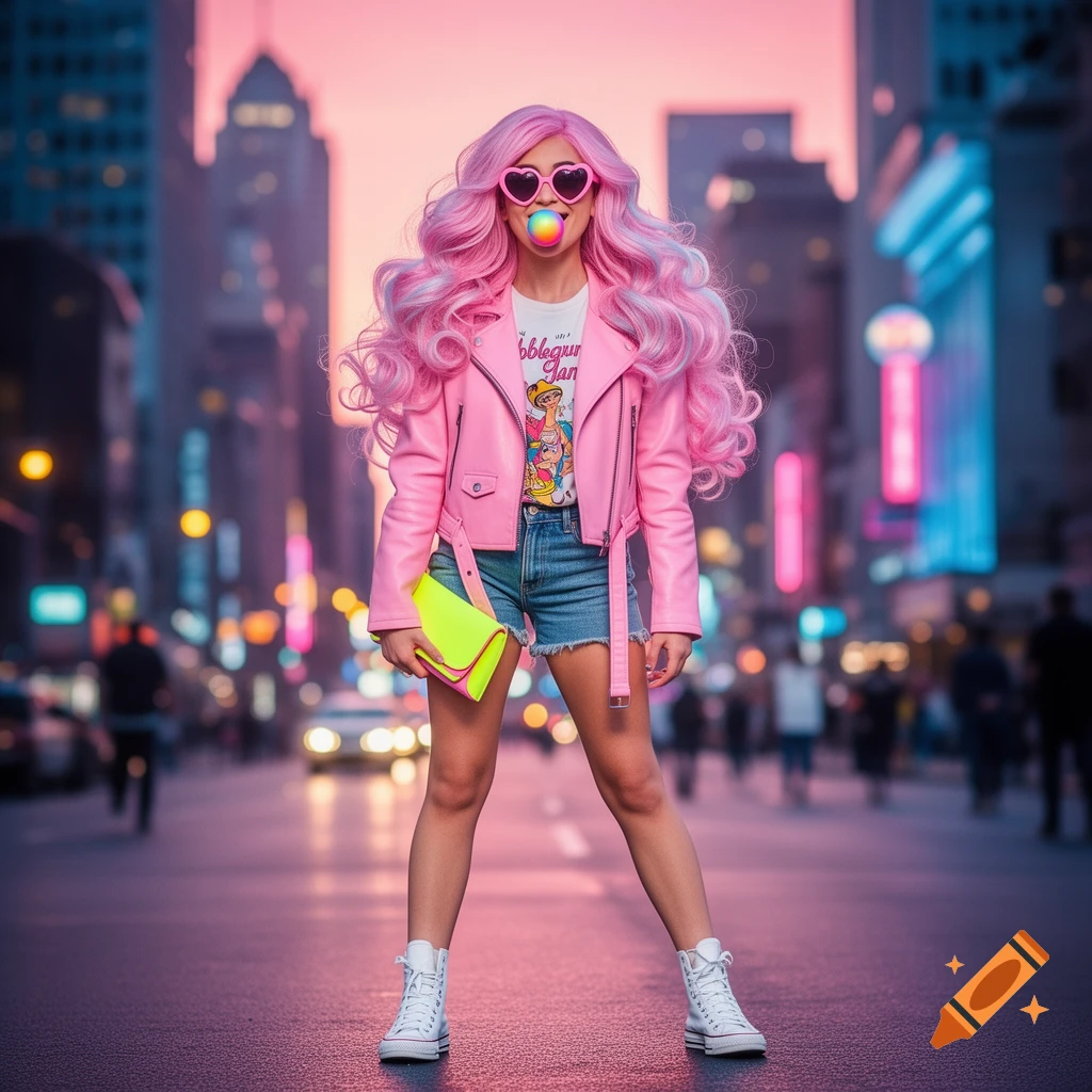 A woman with long pink hair, wearing a pink leather jacket, denim shorts, and heart-shaped sunglasses, blows bubblegum in a vibrant, neon-lit city street.