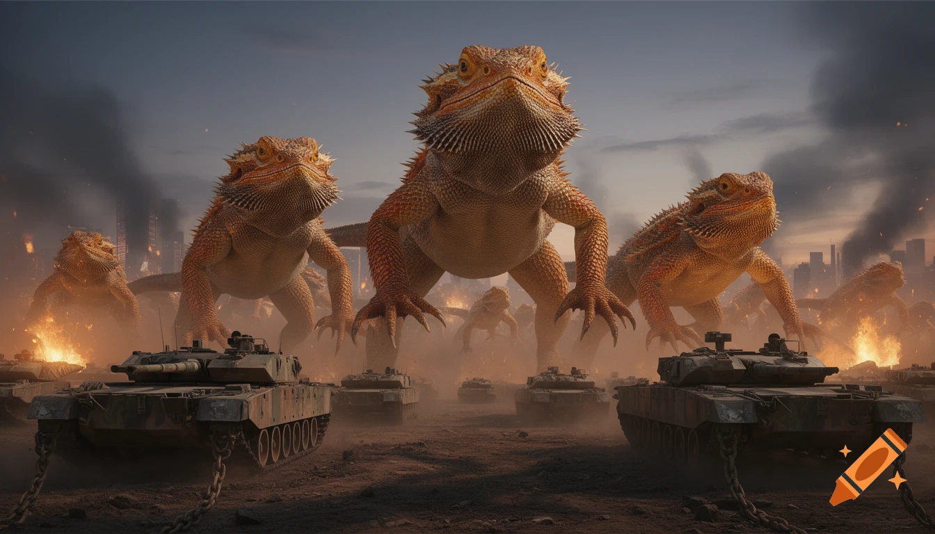 Giant photorealistic bearded dragons loom over tanks amidst a destroyed, burning city.