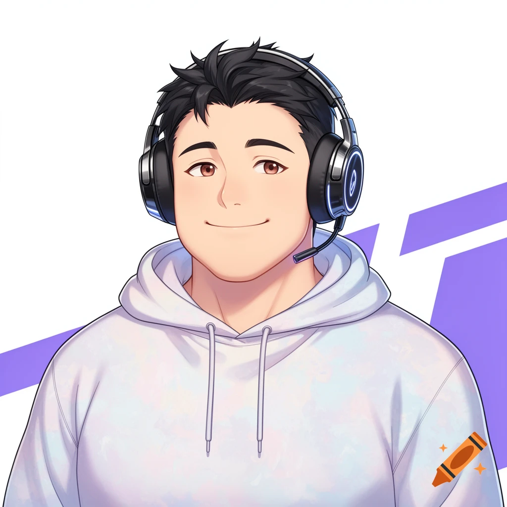 Anime-style male character with dark hair, wearing a white hoodie and black gaming headphones, smiling.