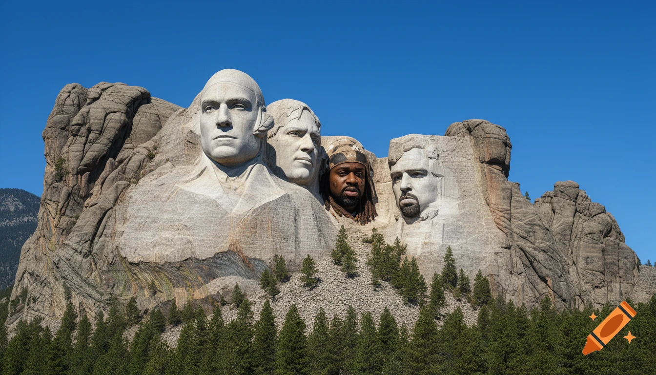 Mount Rushmore with original presidents George Washington and Thomas Jefferson, alongside carved faces resembling Lil Wayne and Drake.