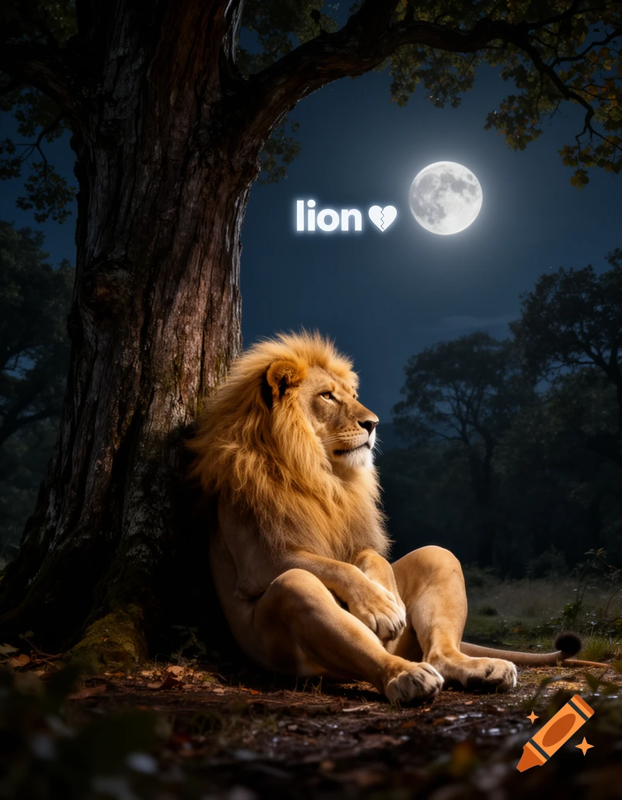 Photorealistic lion sitting like a human under a large tree at night, looking at a full moon, with 'lion ' glowing in the sky.