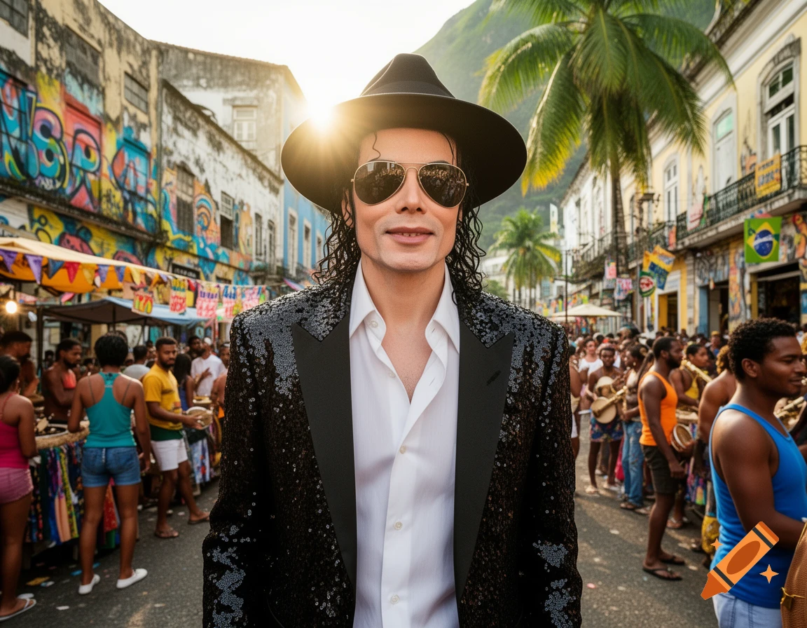 A man resembling Michael Jackson in a sequined jacket, black hat, and sunglasses stands in a vibrant, crowded Brazilian street scene with graffiti-covered buildings.