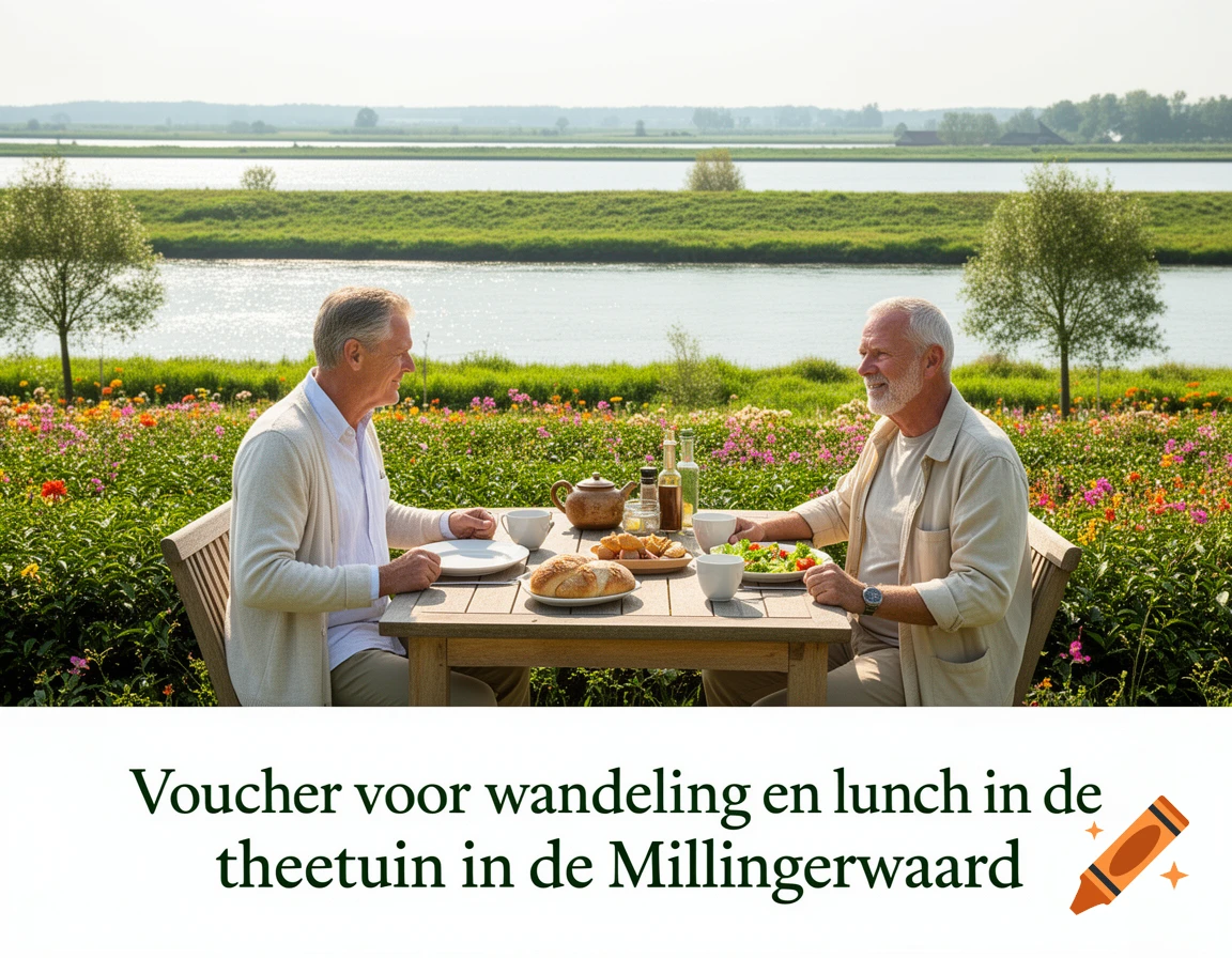 Two senior men having lunch at a wooden table in a vibrant flower garden overlooking a river landscape, with text below reading "Voucher voor wandeling en lunch in de theetuin in de Millingerwaard".