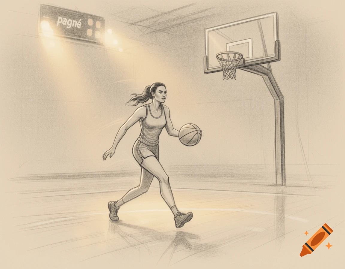 Sketch of a woman dribbling a basketball on an indoor court, with a scoreboard and hoop in the background.