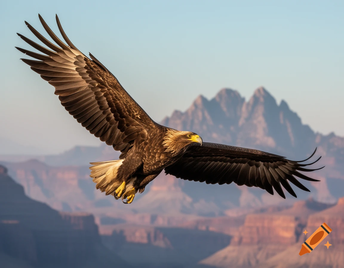 A majestic brown and white eagle with a yellow beak and talons soars with outstretched wings above a vast red rock canyon landscape under a clear blue sky.