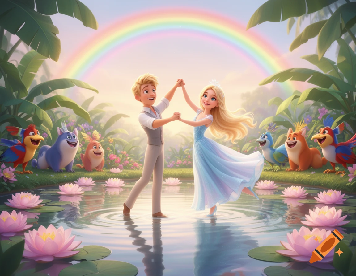 A cartoon blond couple dances in a lily pond in a magical garden with tropical plants, smiling animals, and a rainbow.
