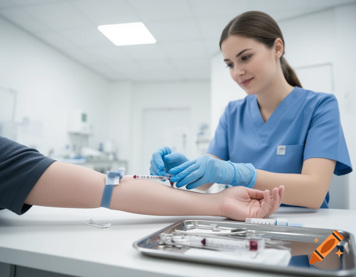 A nurse in blue scrubs wearing gloves performs a blood draw on a patient's arm in a clean medical office.