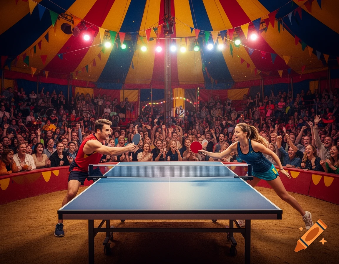 Two athletes play ping pong in a vibrant circus tent filled with a cheering, excited crowd.