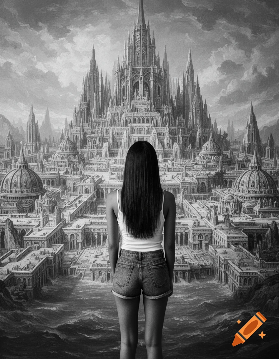 Woman in tank top and shorts views a sprawling black and white fantasy city of Atlantis.