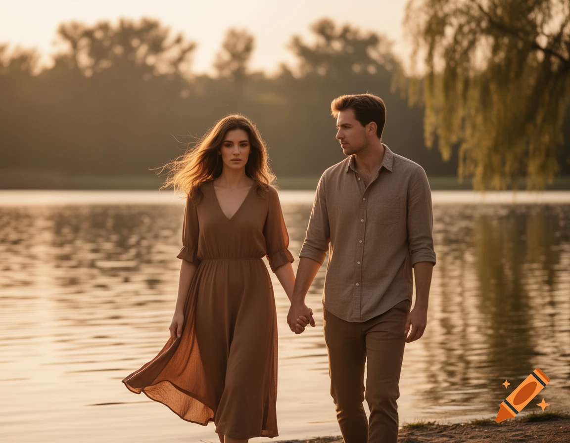 A man and woman holding hands while walking along a lake shore at sunset, in a photorealistic style.