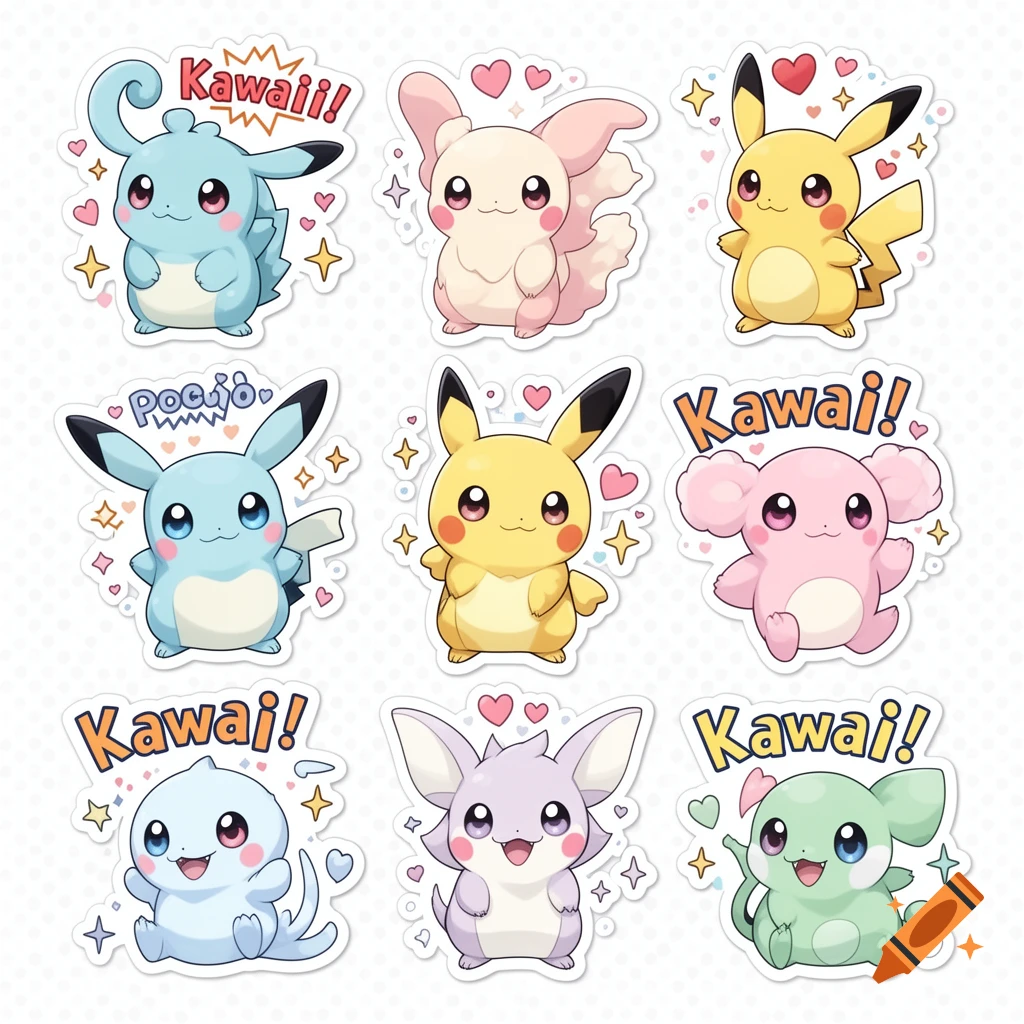Nine kawaii cartoon stickers of various Pokemon-like creatures, including Pikachu and other fantasy animals, arranged in a grid.