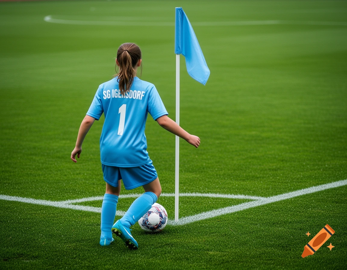 A girl in a blue soccer uniform, with "SG IGENDORF 1" on her back, stands on a green field next to a corner flag and a soccer ball, viewed from behind.