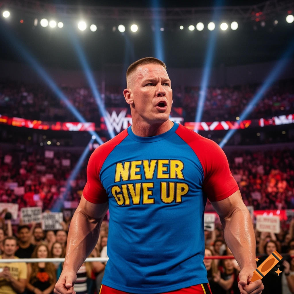 Photorealistic image of wrestler John Cena in a blue and red t-shirt with "NEVER GIVE UP" text, in a brightly lit wrestling stadium.