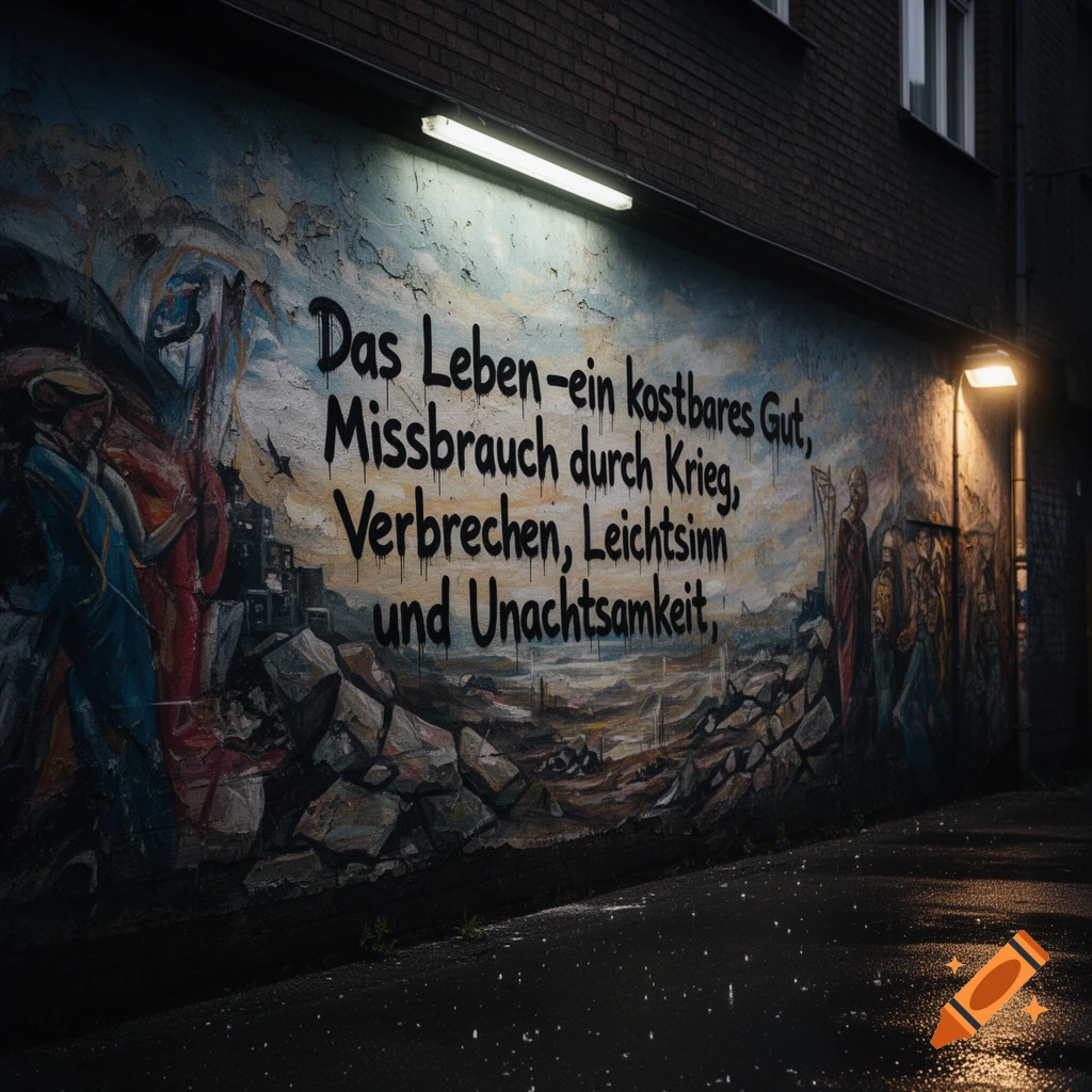 A detailed street mural on a brick wall, illuminated by fluorescent lights. The artwork features abstract figures and German text.