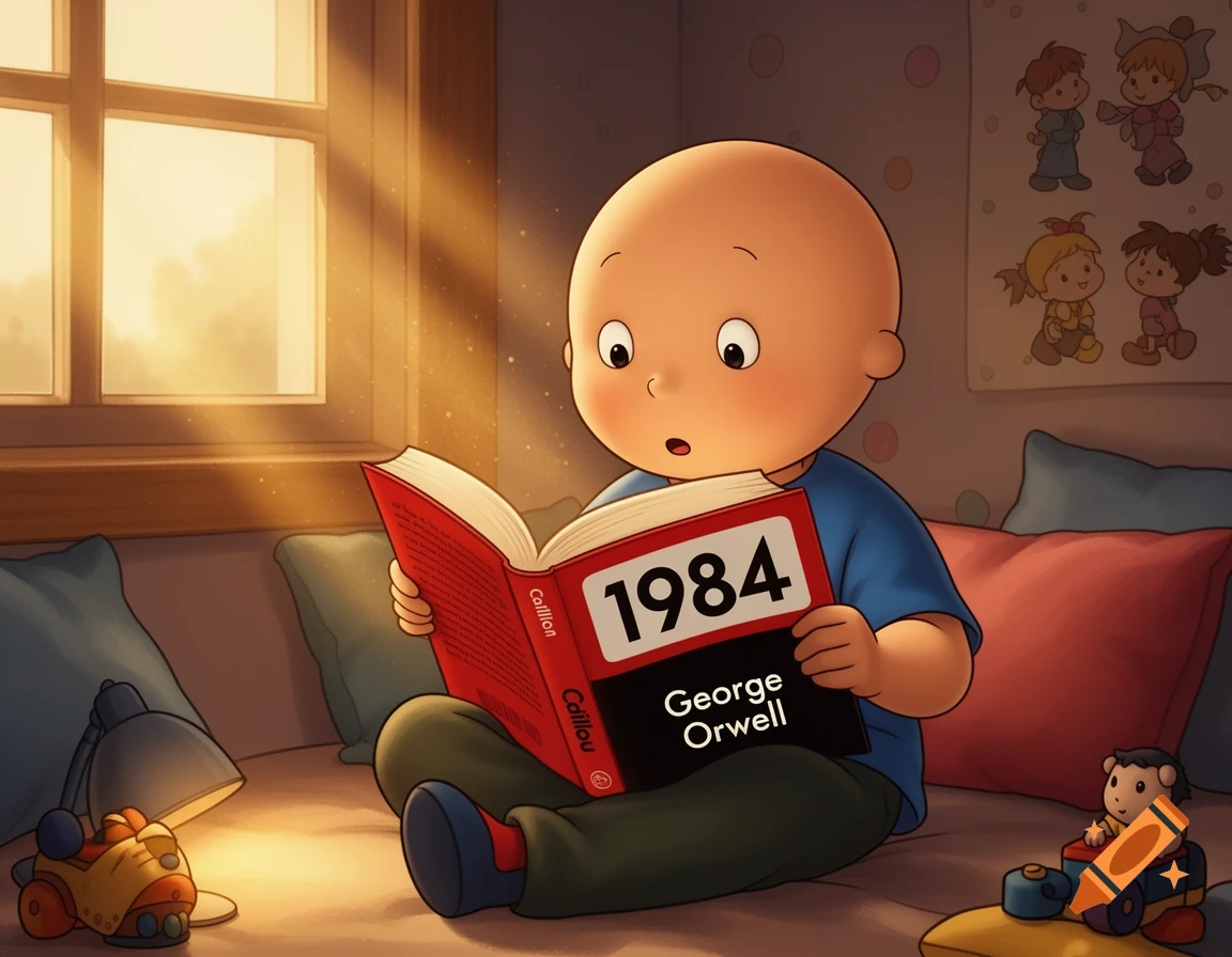 A cartoon child resembling Caillou sits cross-legged, engrossed in reading a red book titled "1984" by George Orwell, in a warmly lit room with toys and posters.