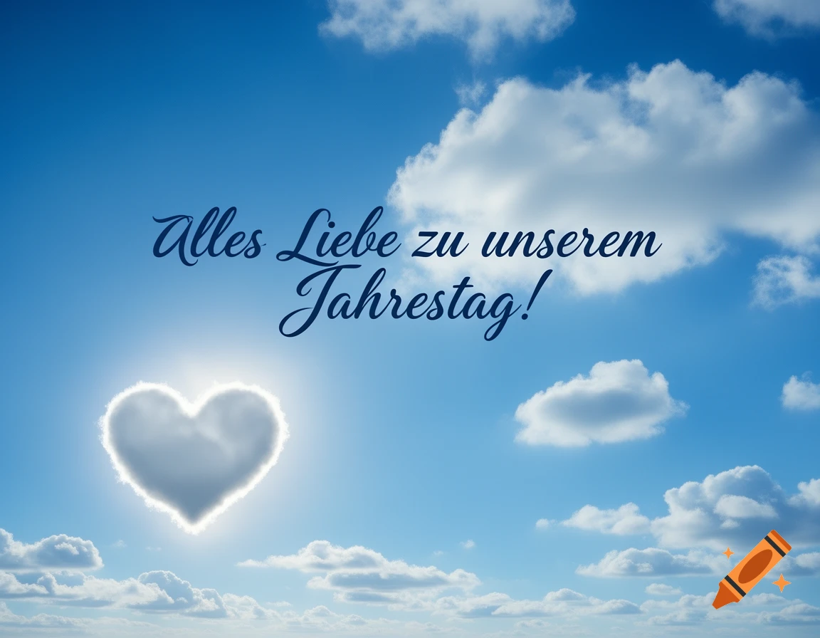 A clear blue sky with white clouds and a glowing heart-shaped cloud in the center. Dark blue text reads: "Alles Liebe zu unserem Jahrestag!"