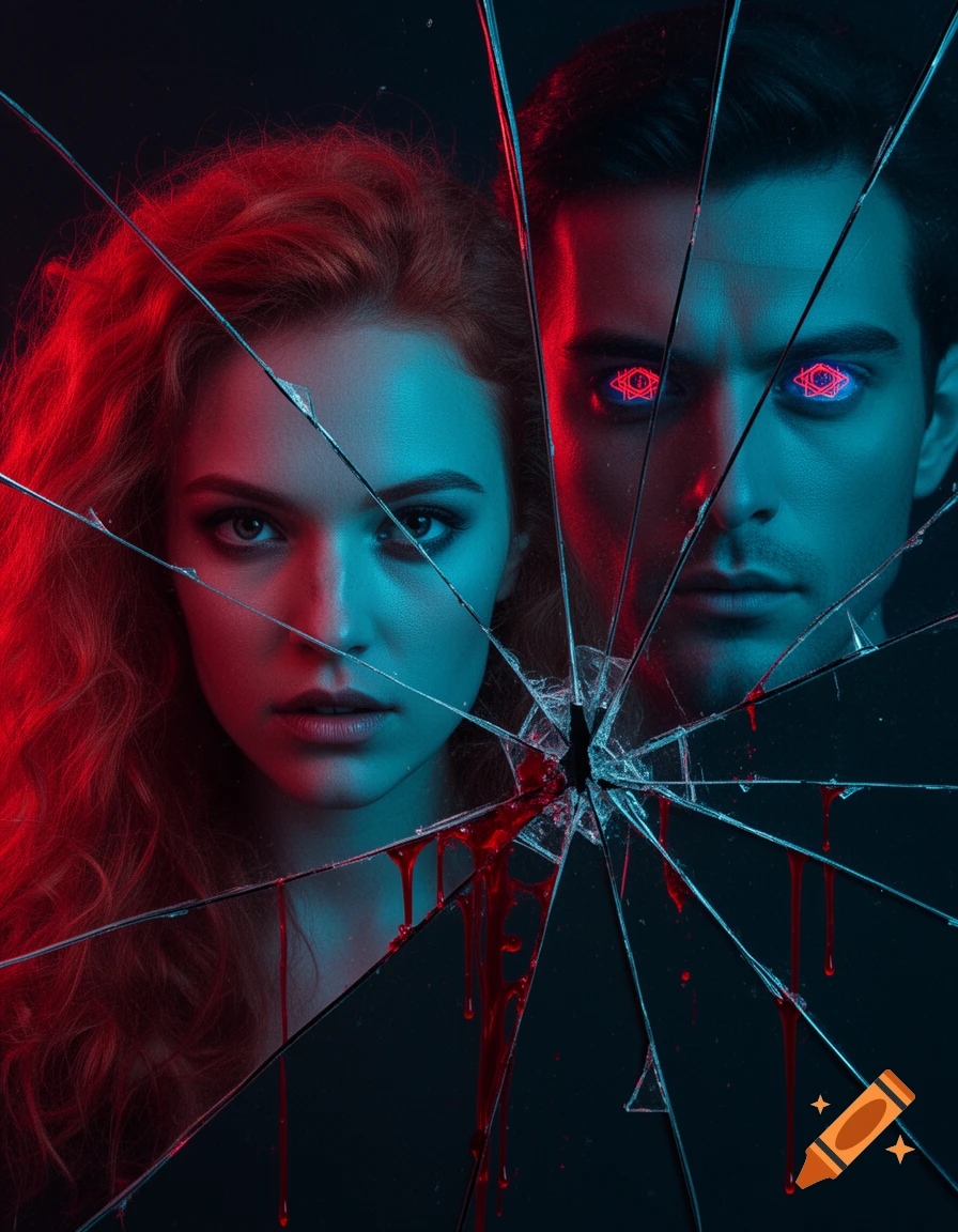 Close-up of a shattered mirror reflecting a woman and a man with glowing red geometric eyes, with blood dripping, in a dark, neon-lit style.