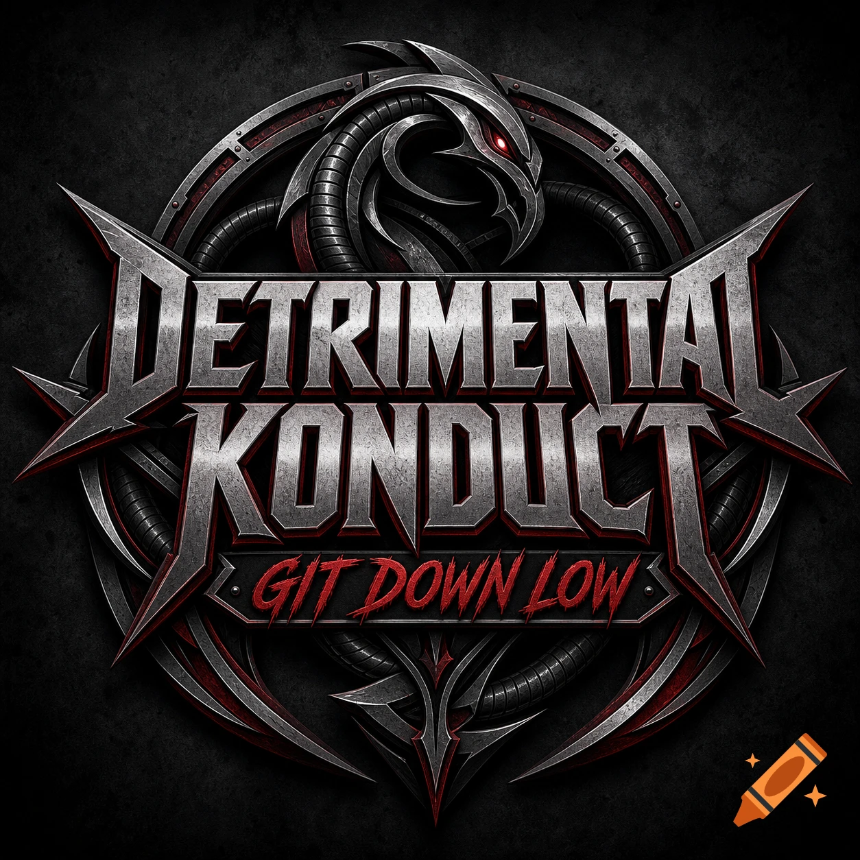A dark, metallic logo featuring a stylized snake head with glowing red eyes and the text "DETRIMENTAL KONDUCT GIT DOWN LOW" in red and silver.