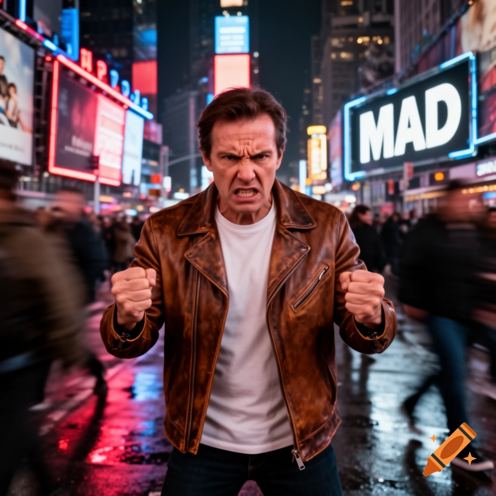 An angry man in a brown leather jacket, fists clenched, glares at the viewer on a busy, neon-lit city street at night. A "MAD" sign is visible on a billboard.