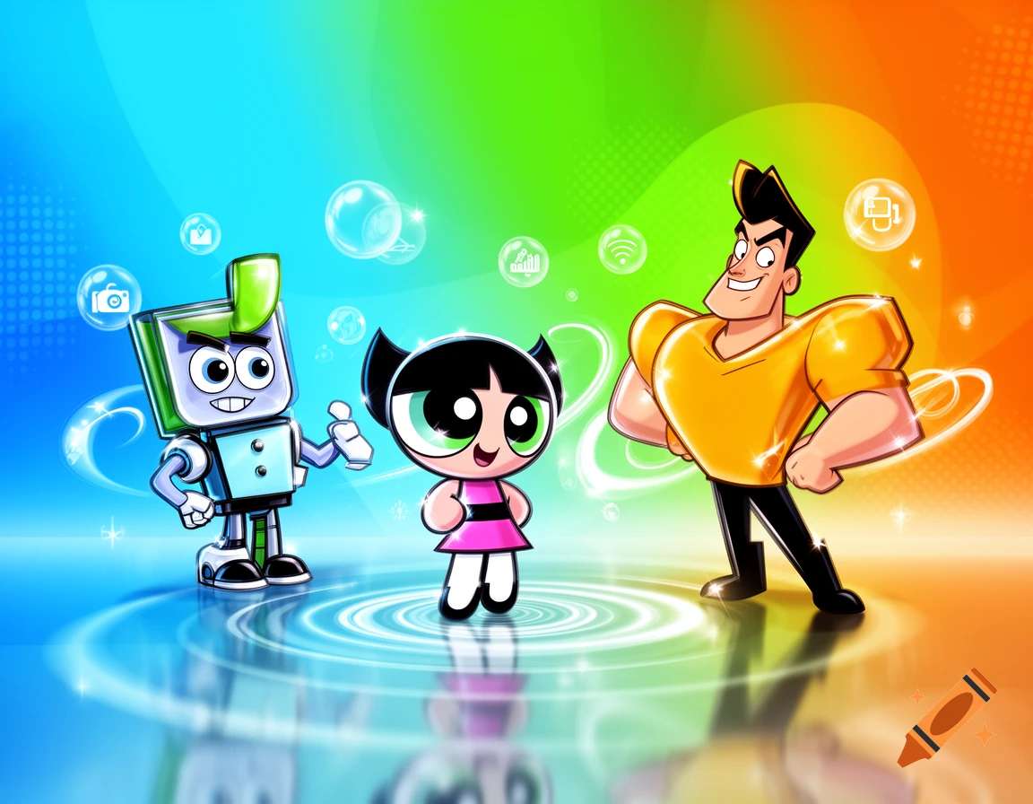 Cartoon characters, a robot, Buttercup, and a muscular man, stand on a reflective surface against a rainbow gradient with bubbles.