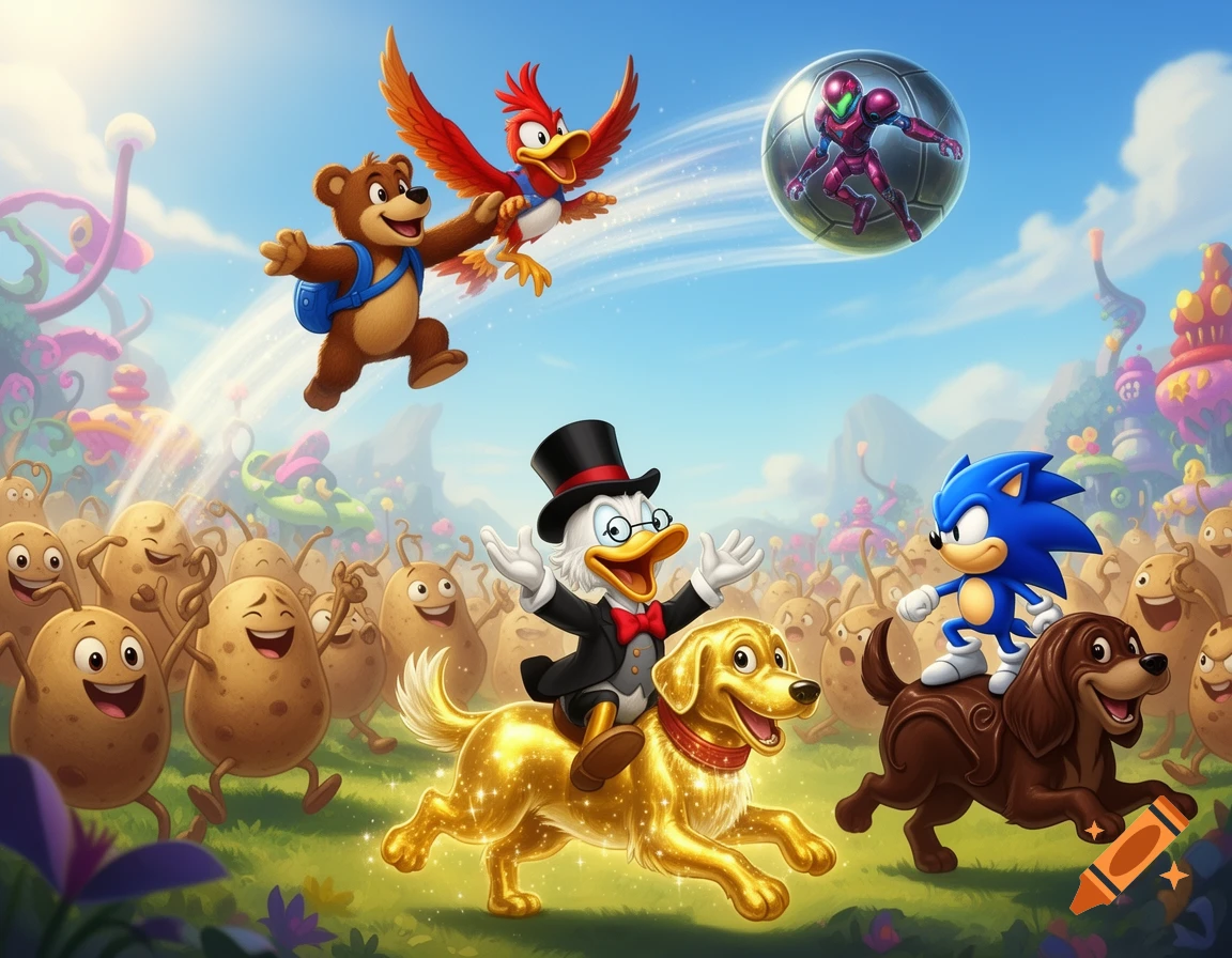 Banjo and Kazooie fly as Scrooge McDuck rides a golden dog and Sonic rides a chocolate dog through a field of dancing potatoes, with Samus in a morph ball above.