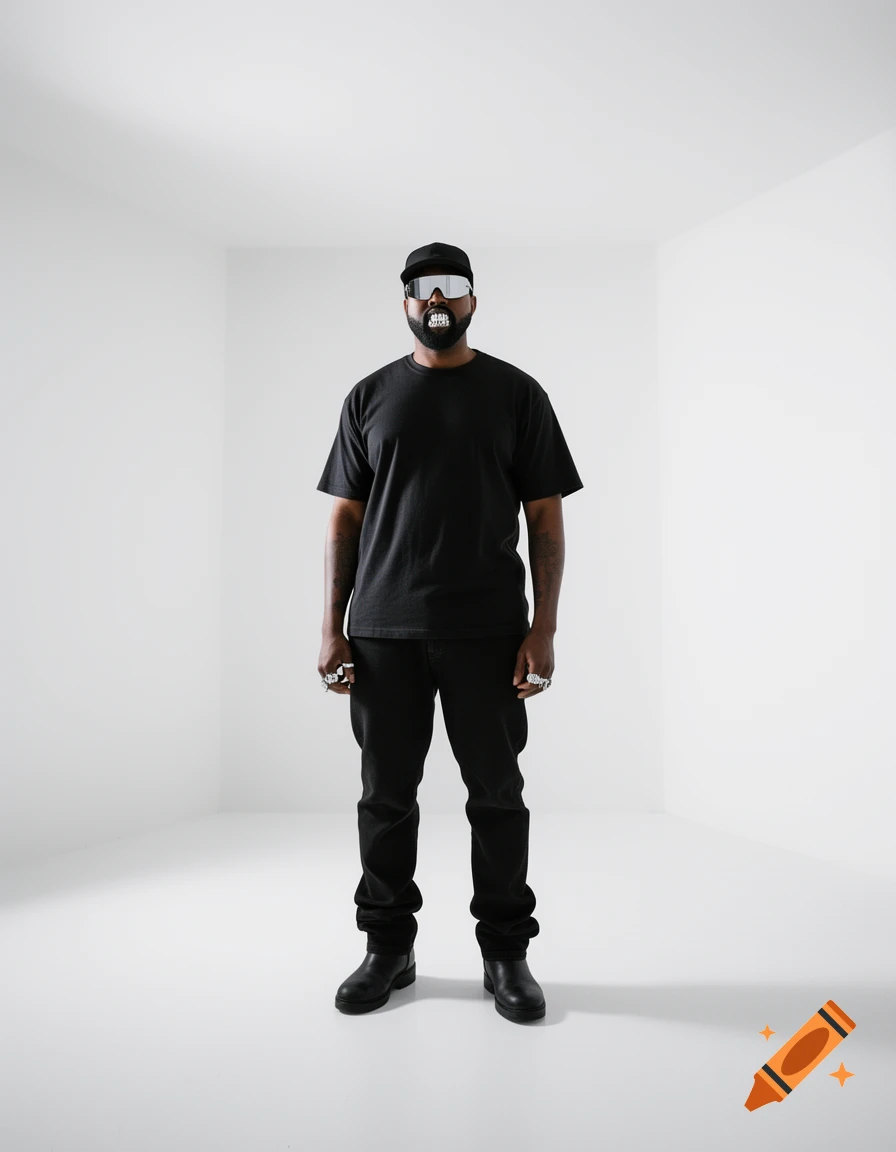 Kanye West stands in a white room wearing all black, with a cap, sunglasses, and silver grills.