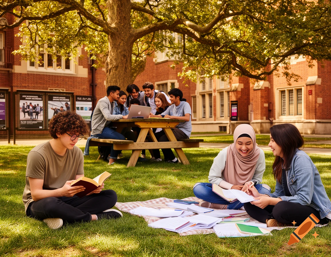 Diverse students study outdoors on a sunny university campus, with some on a picnic blanket and others at a table.