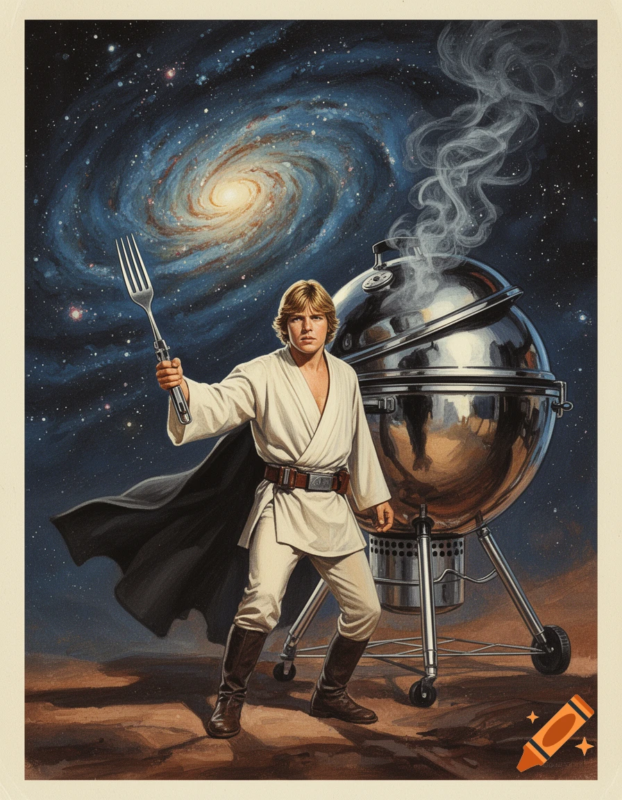Luke Skywalker in Star Wars 1977 poster style, holding a meat fork next to a smoking Weber grill on an alien planet with a galaxy.