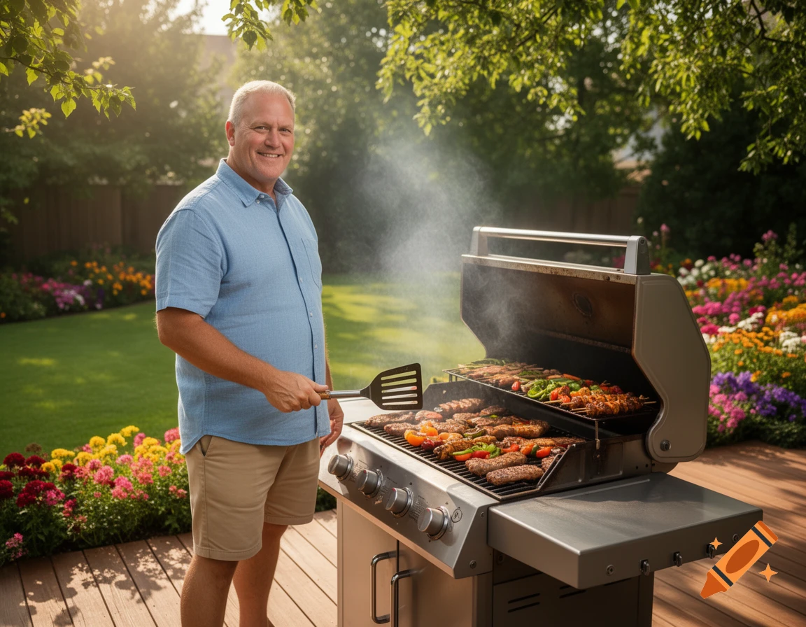 A man smiles while grilling meat and vegetables on a gas grill in a sunny backyard with lush green grass and colorful flowers.