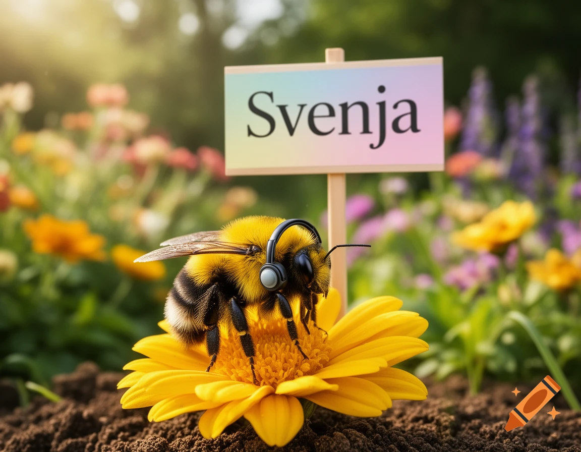 A photorealistic fluffy bumblebee wearing headphones sits on a yellow flower next to a sign with "Svenja" written on it, in a garden.