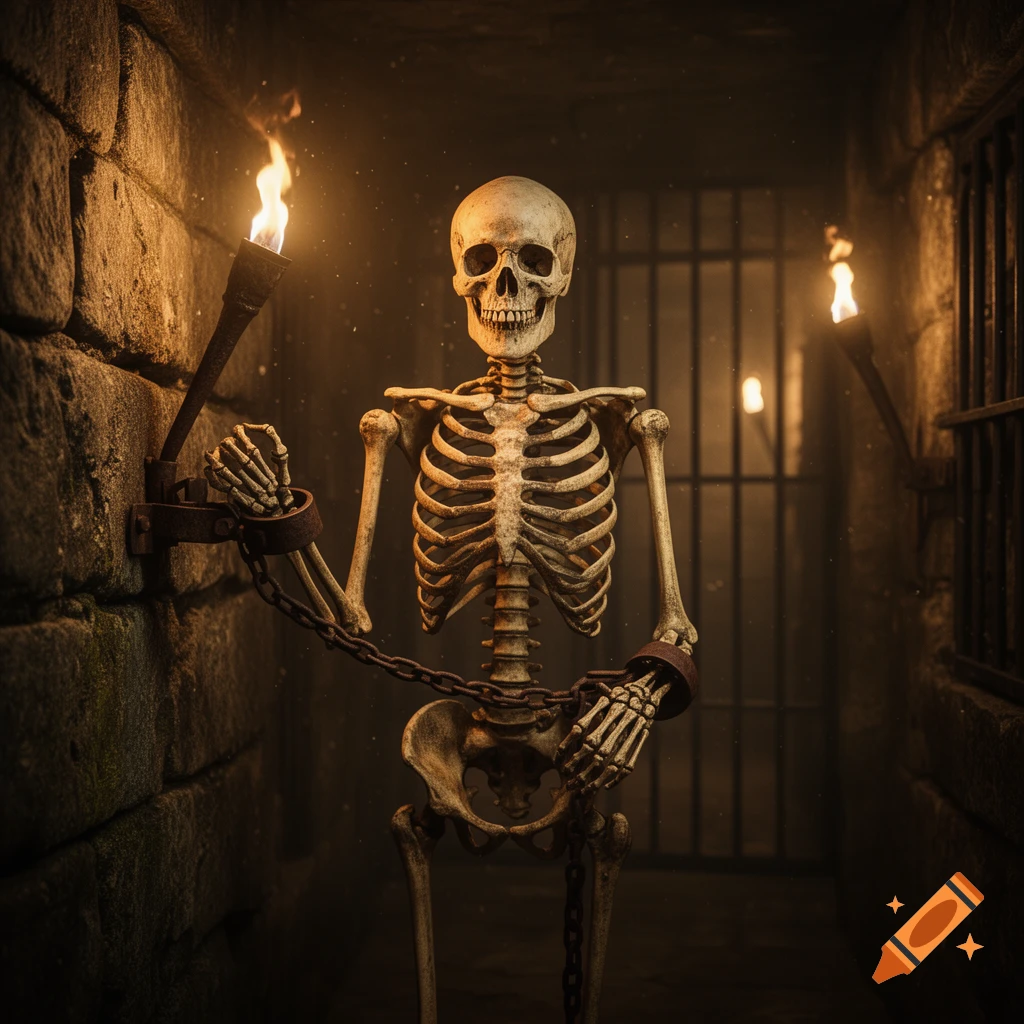 A chained skeleton holding a torch in a dark, stone dungeon with cell bars in the background, in a photorealistic style.
